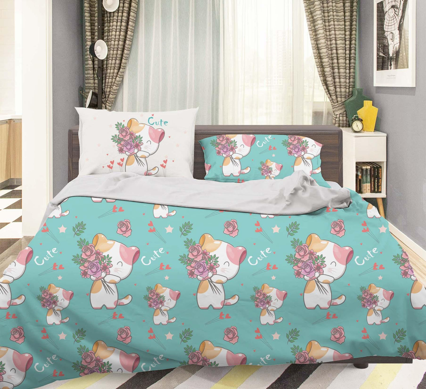 3D Blue Cat Kitty Flower Quilt Cover Set Bedding Set Pillowcases 47