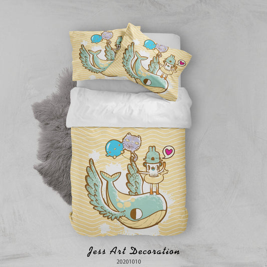 3D Cartoon Cute Animal Flying Whale Quilt Cover Set Bedding Set Duvet Cover Pillowcases WJ 9577