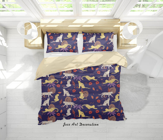 3D Cartoon Leopard Tropical Leaves Pattern Quilt Cover Set Bedding Set Duvet Cover Pillowcases WJ 1990