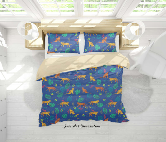 3D Cartoon Leopard Tropical Leaves Pattern Quilt Cover Set Bedding Set Duvet Cover Pillowcases WJ 1989