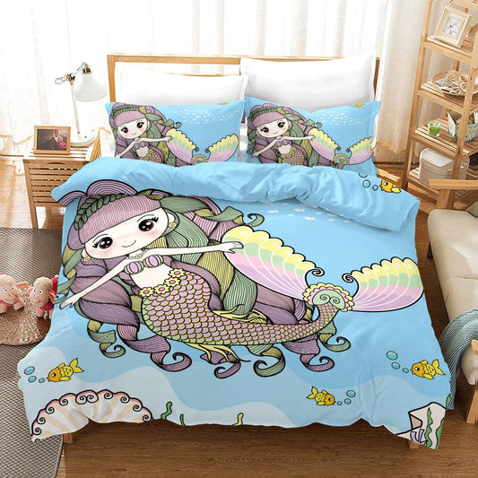 3D Cartoon Blue Mermaid Quilt Cover Set Bedding Set Pillowcases 222