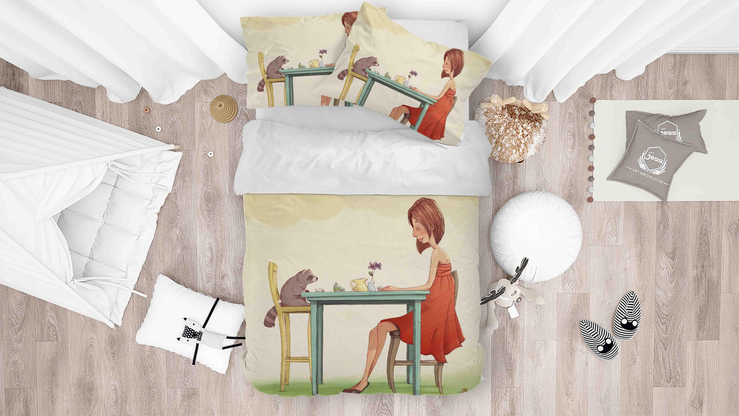 3D Cartoon Dining Table Beauty Raccoon Quilt Cover Set Bedding Set Duvet Cover Pillowcases SF056