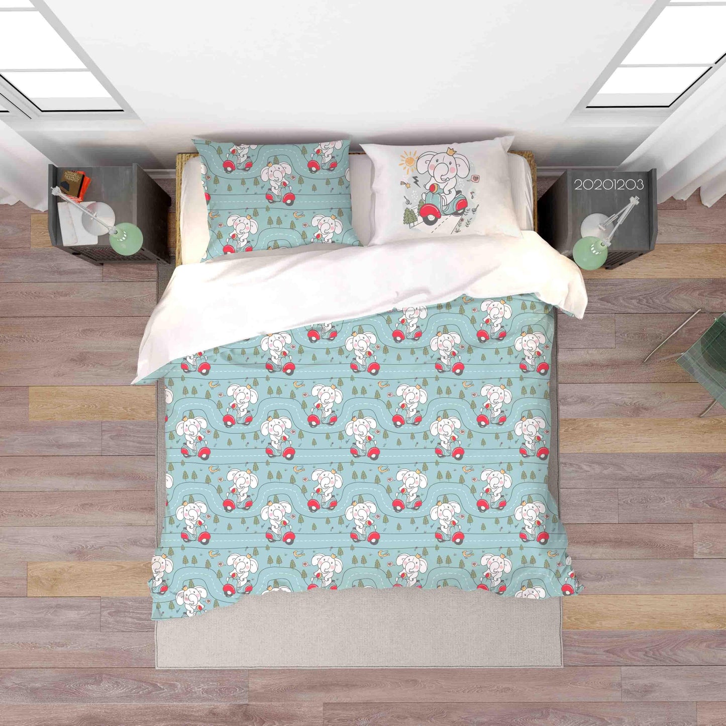 3D Cartoon Hand Drawn Elephant Motorcycle Animal Blue Quilt Cover Set Bedding Set Duvet Cover Pillowcases LXL