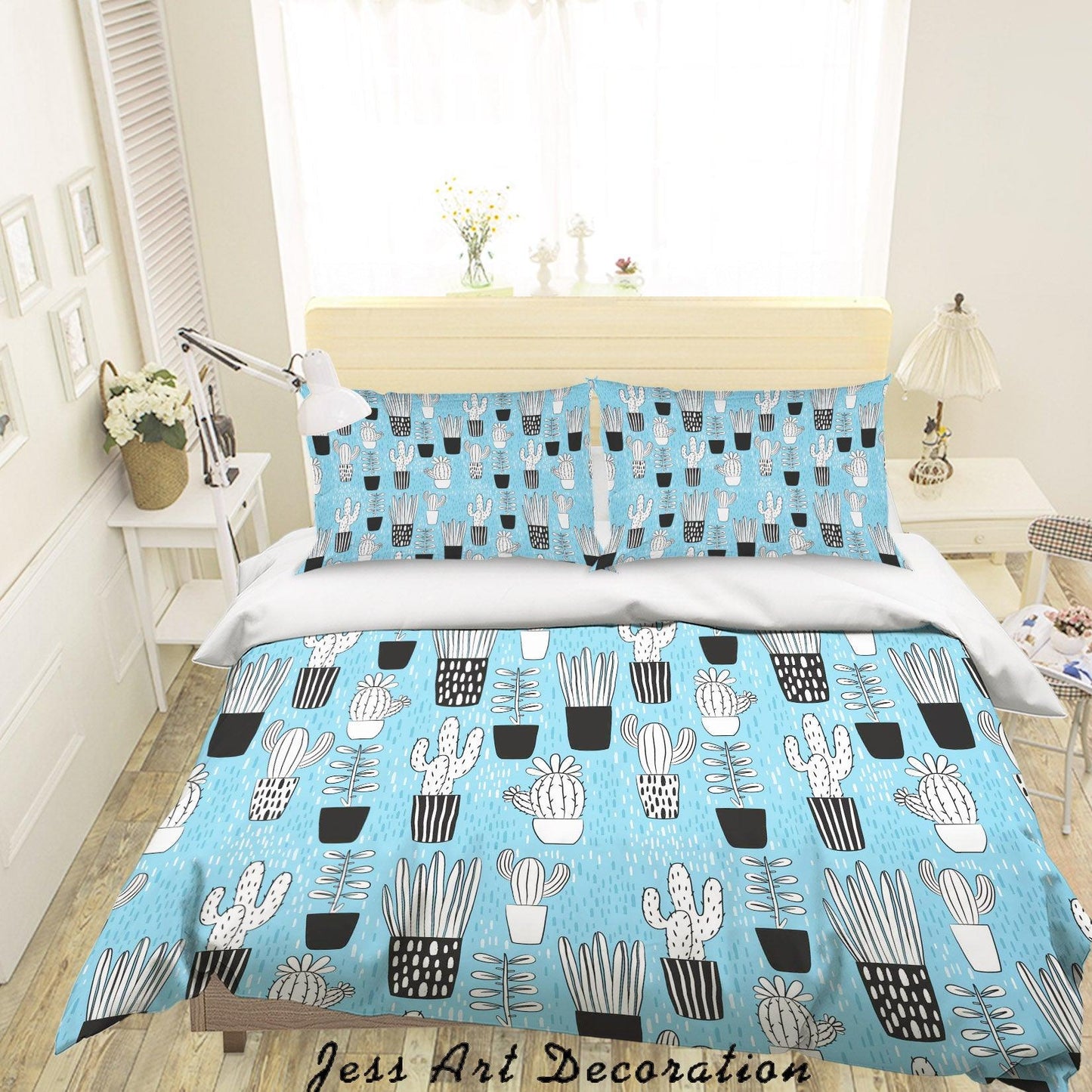 3D Blue Potted Plants Cactus Quilt Cover Set Bedding Set Duvet Cover Pillowcases SF98