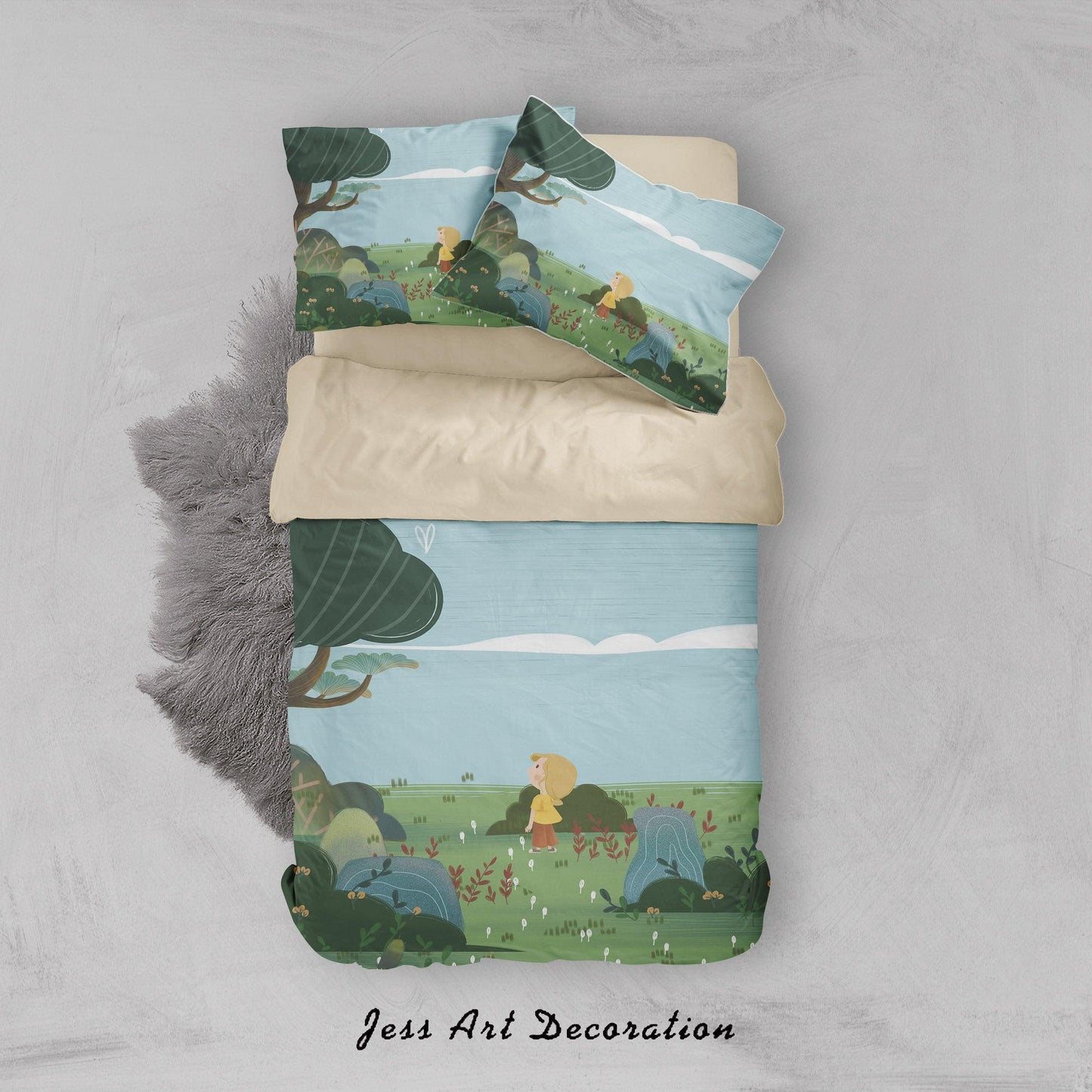 3D Blue Sky Grass Girl Tree Painting Quilt Cover Set Bedding Set Duvet Cover Pillowcases A449 LQH