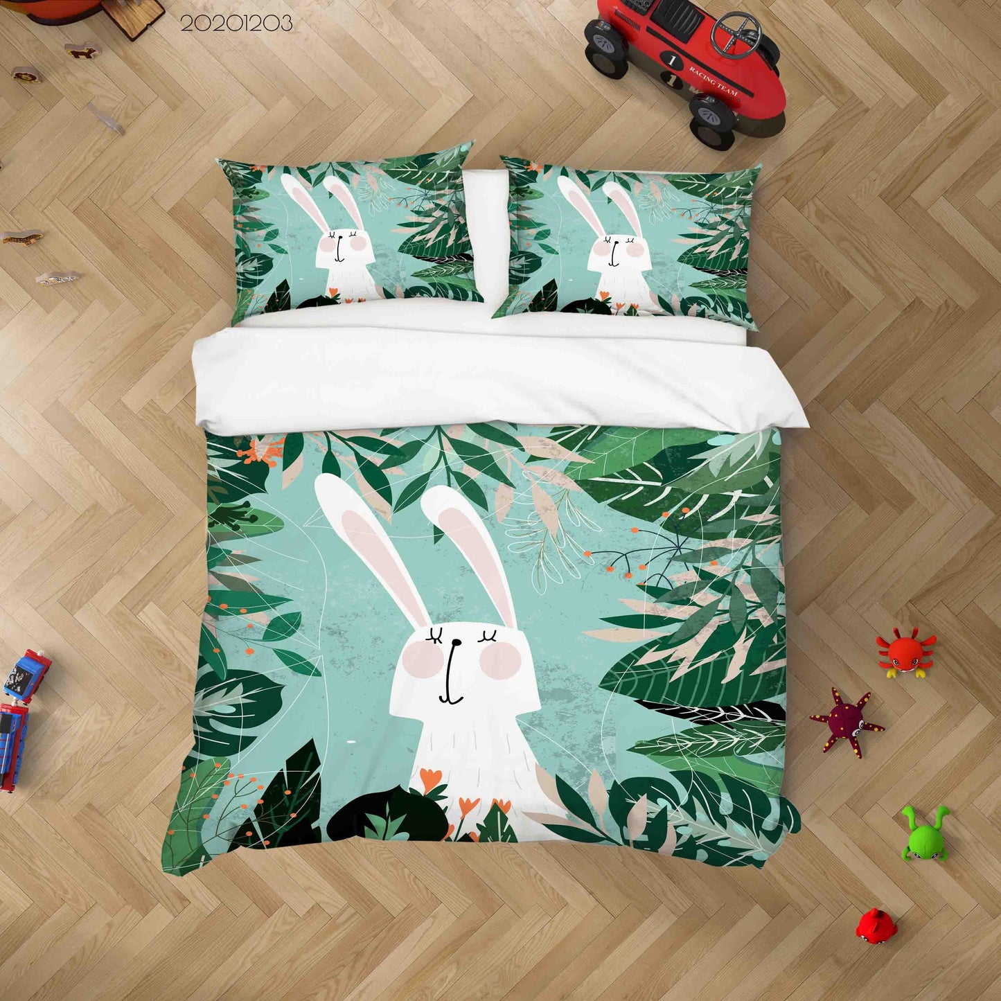 3D Cartoon Hand Drawn Green Leaves Plant Bunny Animal Quilt Cover Set Bedding Set Duvet Cover Pillowcases LXL