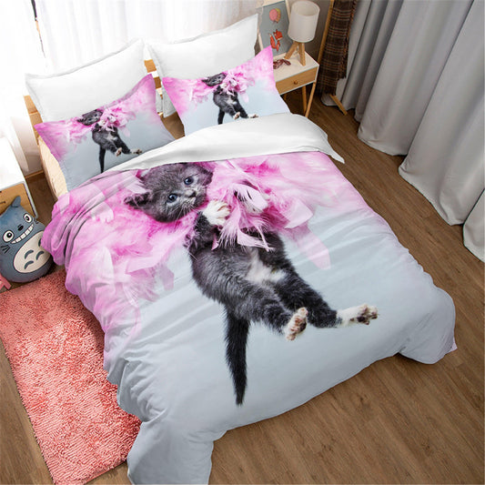 3D Black Cat Pink Floral Quilt Cover Set Bedding Set Pillowcases 55