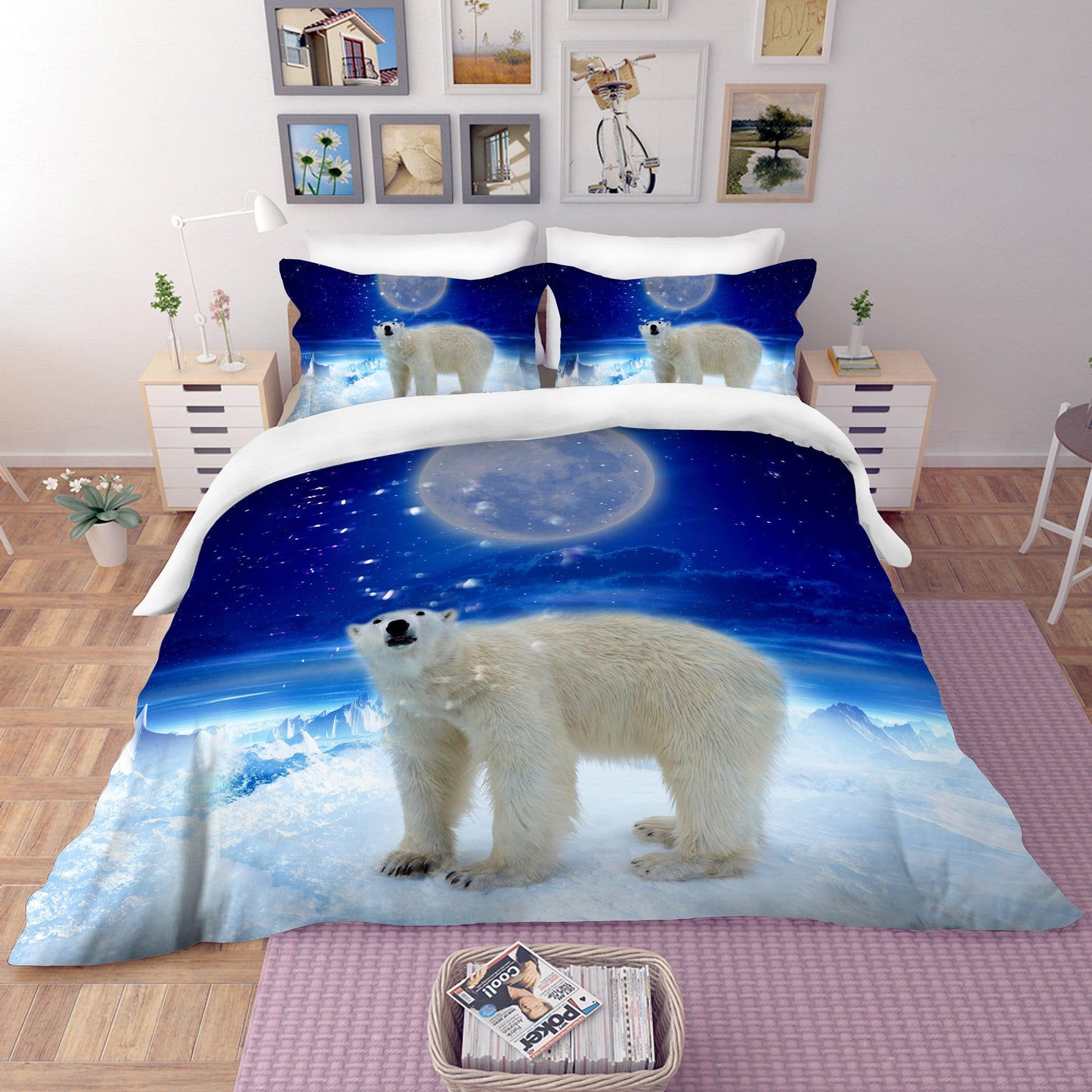 3D Blue Glacier Moon Sky Polar Bear Quilt Cover Set Bedding Set Pillowcases 01