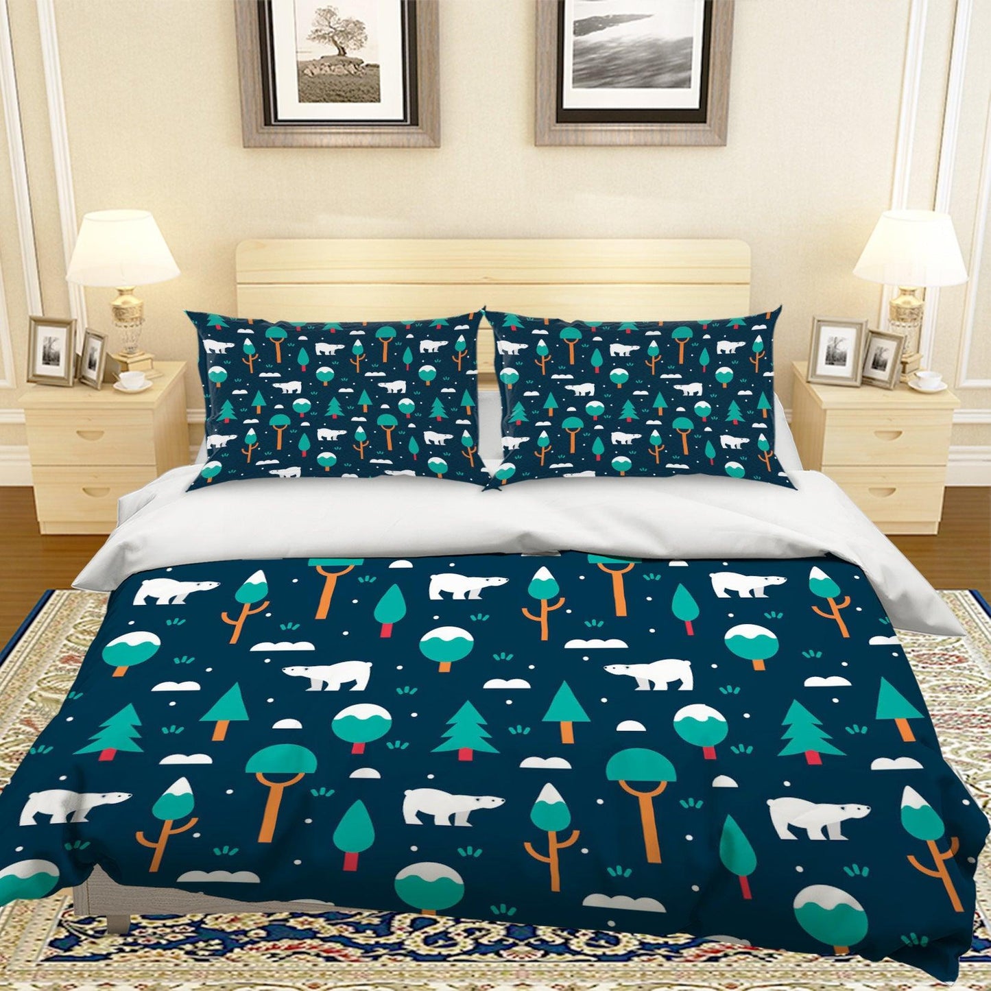 3D Blue Green Polar Bear Trees Quilt Cover Set Bedding Set Pillowcases 60
