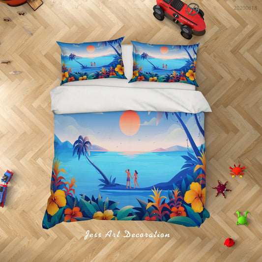 3D Blue Sea Floral Coconut Tree Quilt Cover Set Bedding Set Duvet Cover Pillowcases SF52