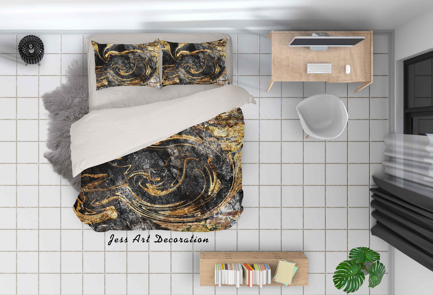 3D Black Flow Golden Quilt Cover Set Bedding Set Duvet Cover Pillowcases SF96