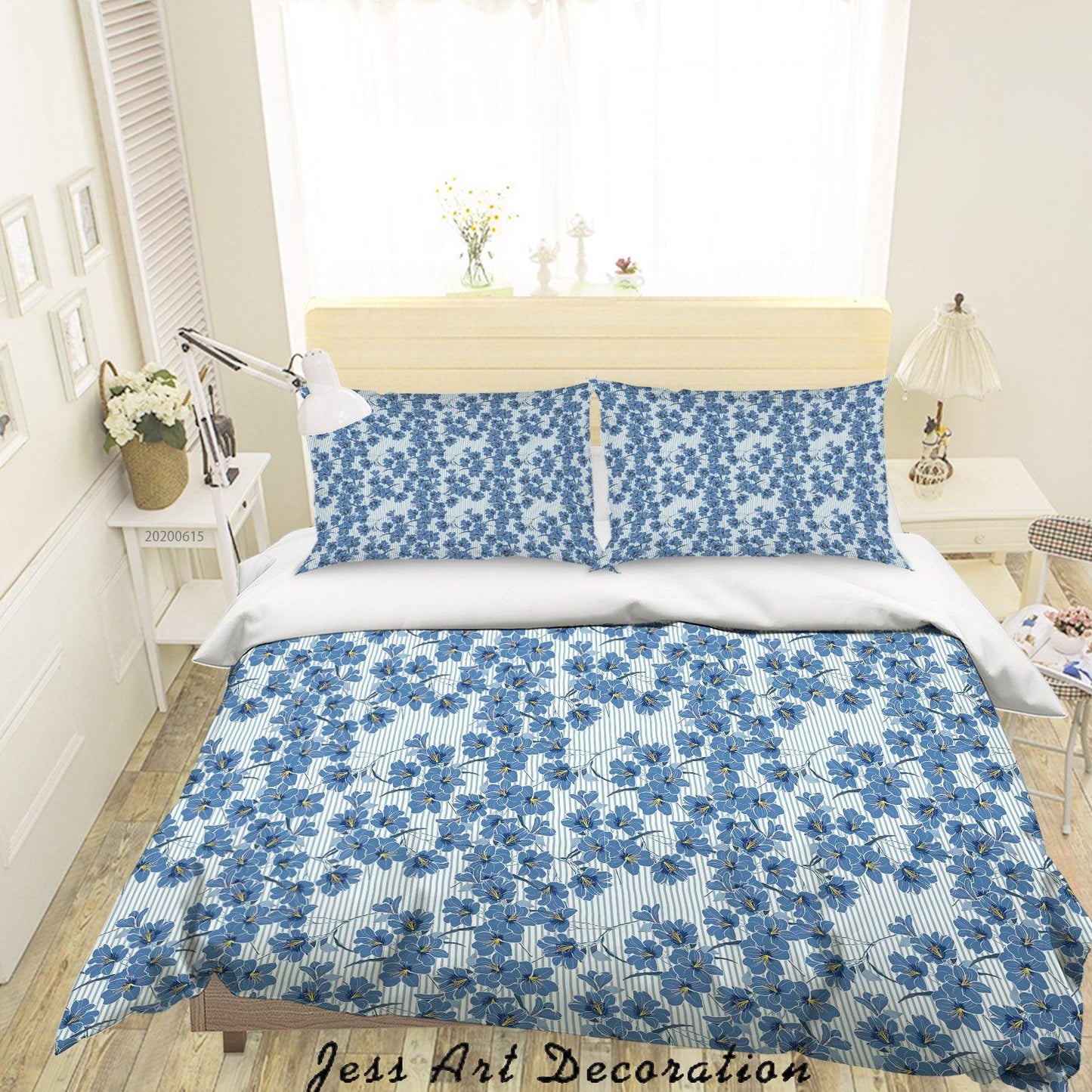 3D Blue Floral Stripes Quilt Cover Set Bedding Set Duvet Cover Pillowcases SF131