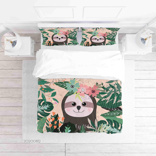 3D Cartoon Floral Plant Sloth Quilt Cover Set Bedding Set Duvet Cover Pillowcases LXL