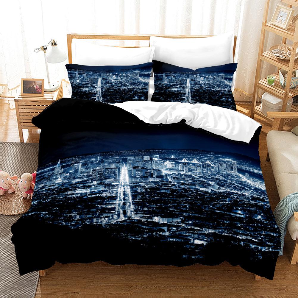 3D Black Blue City Building Night Quilt Cover Set Bedding Set Pillowcases 20