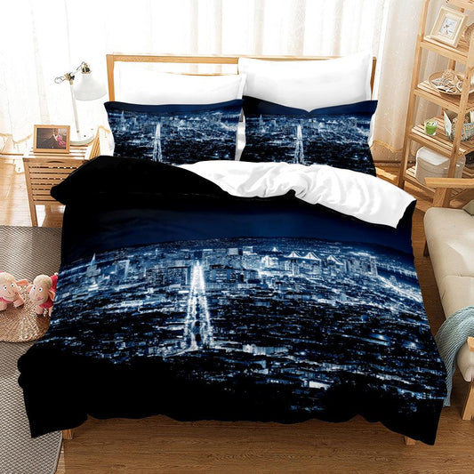 3D Black Blue City Building Night Quilt Cover Set Bedding Set Pillowcases 20