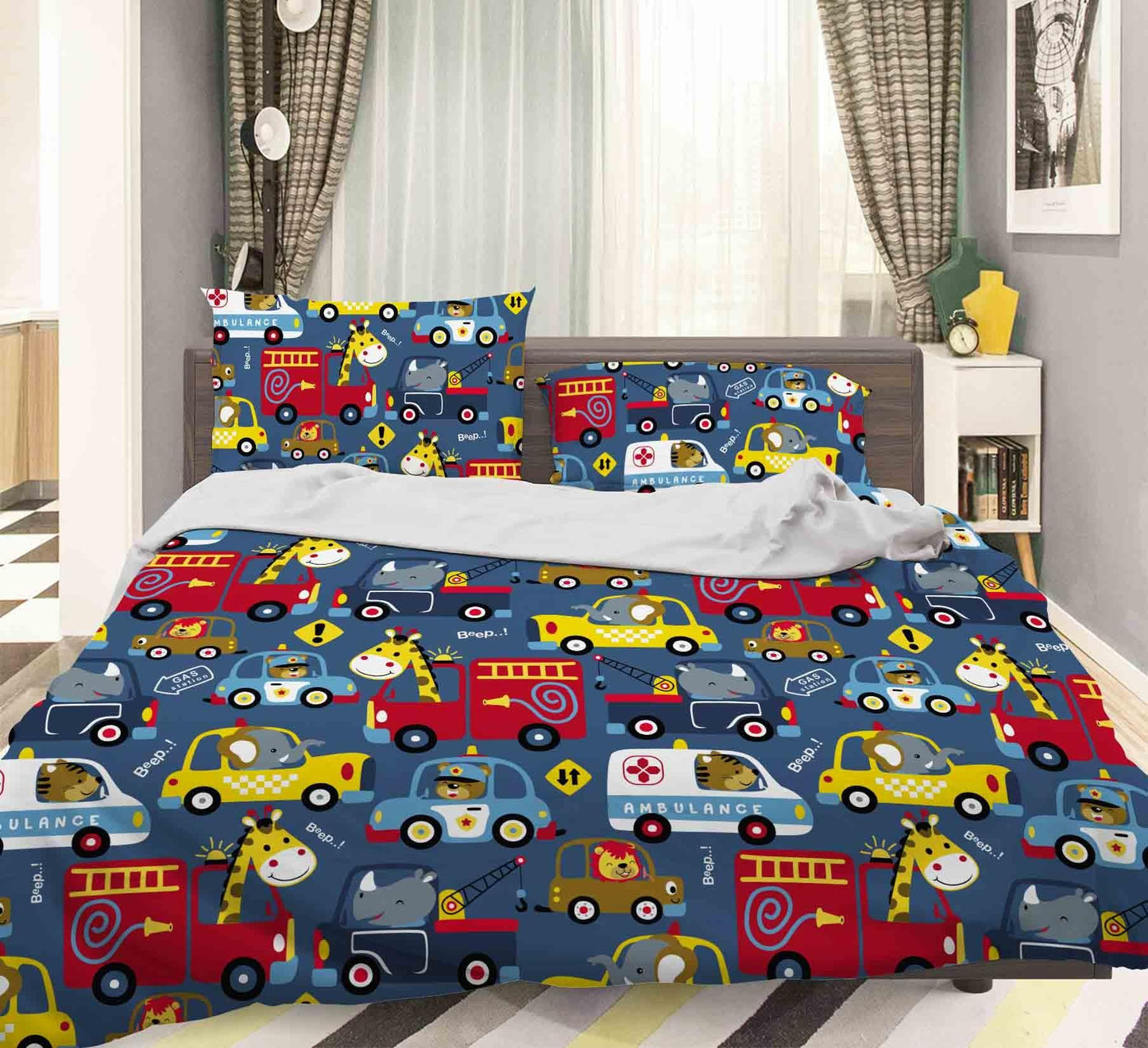 3D Blue Car Ambulance Quilt Cover Set Bedding Set Pillowcases 32