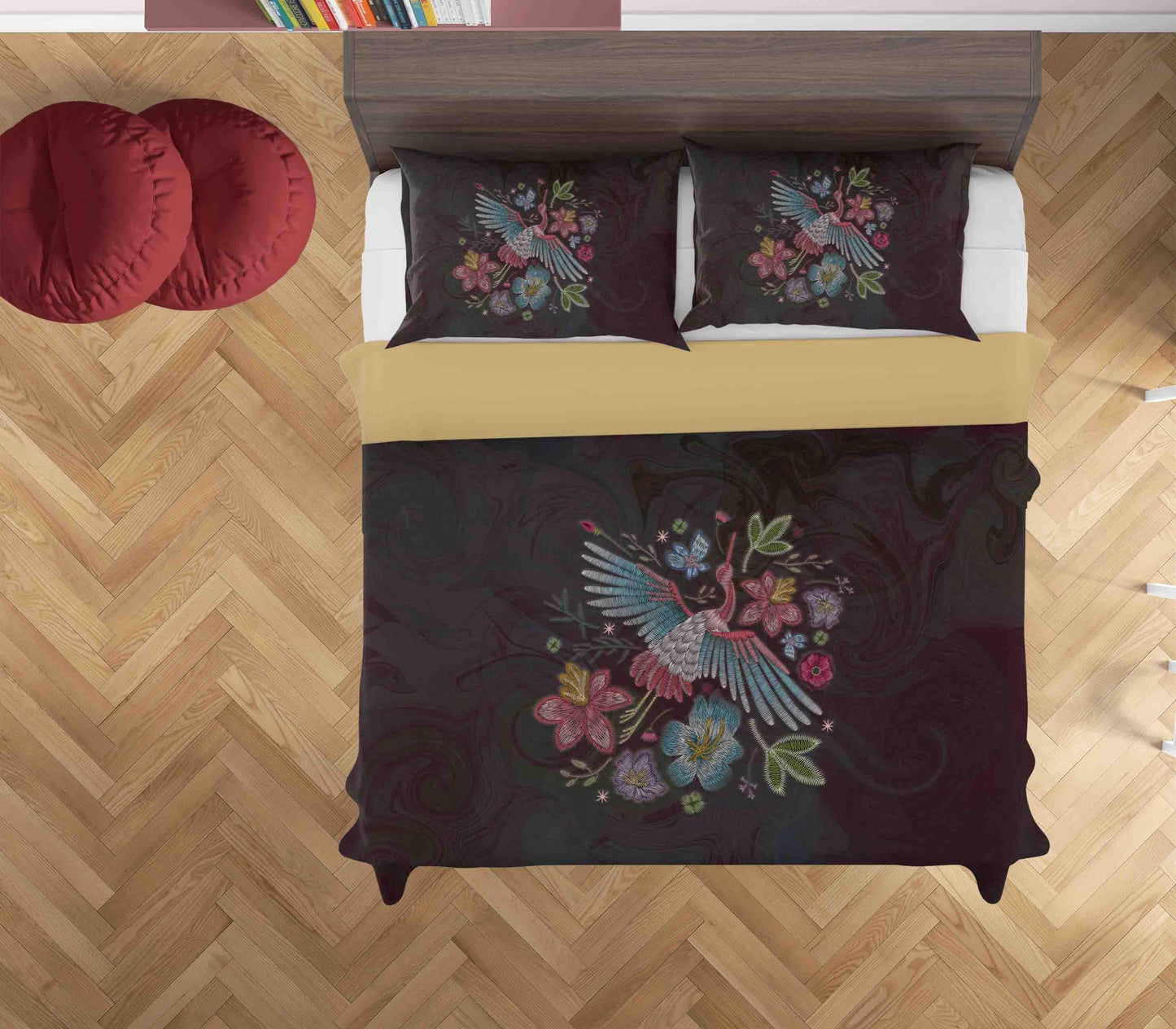 3D Black Embroidery Butterfly Crane Floral Quilt Cover Set Bedding Set Duvet Cover Pillowcases SF009