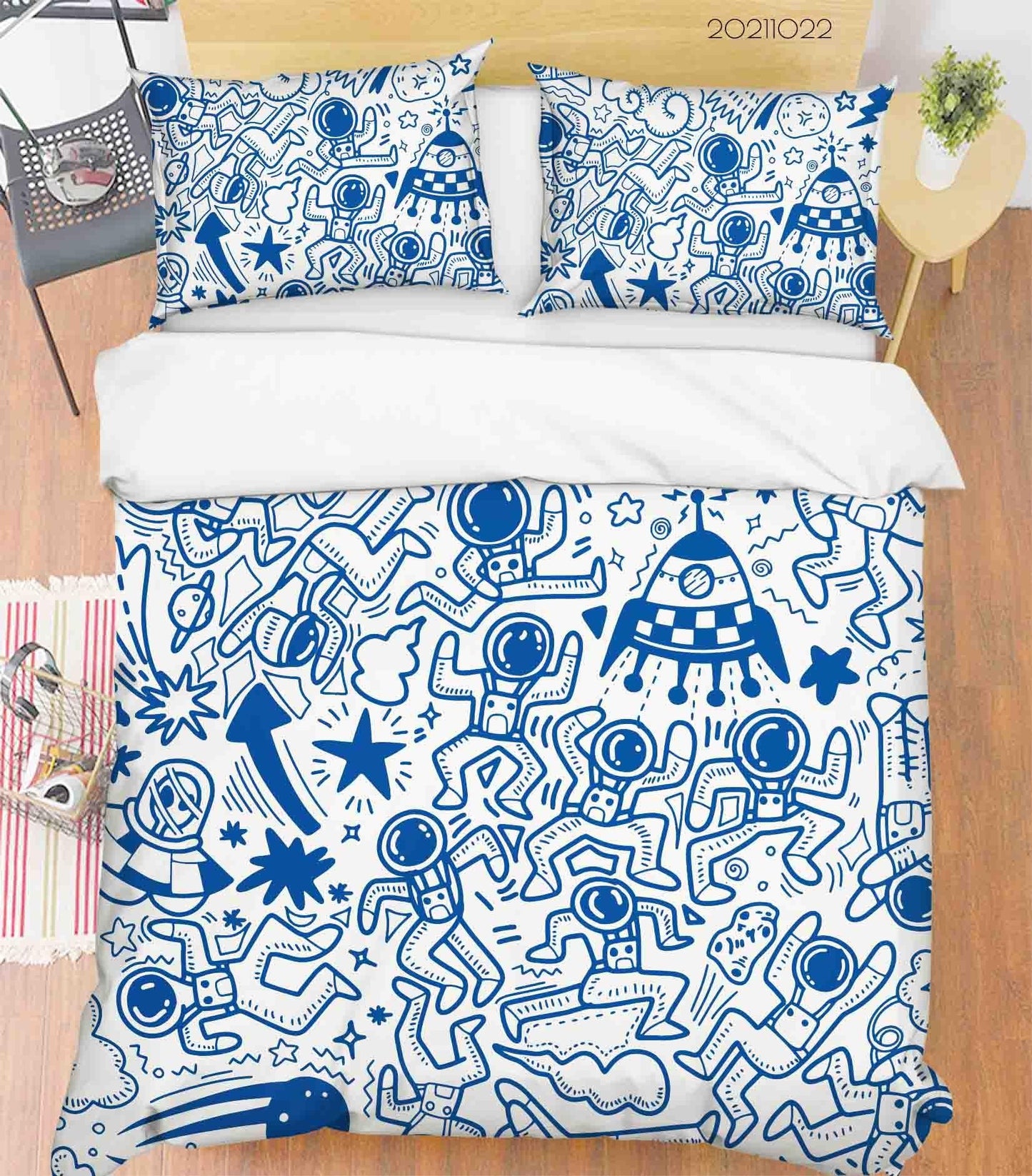 3D Blue Space Astronaut Rocket Graffiti Quilt Cover Set Bedding Set Duvet Cover Pillowcases 4