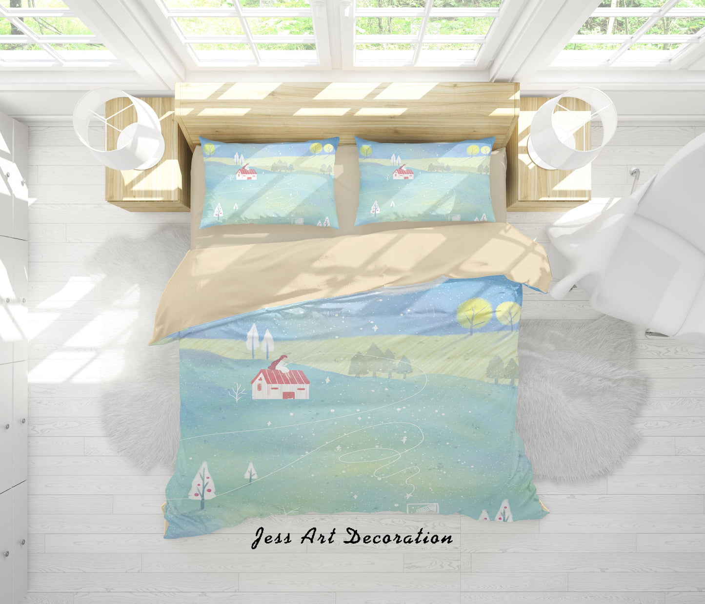 3D Cartoon House Tree Painting Quilt Cover Set Bedding Set Duvet Cover Pillowcases A569 LQH