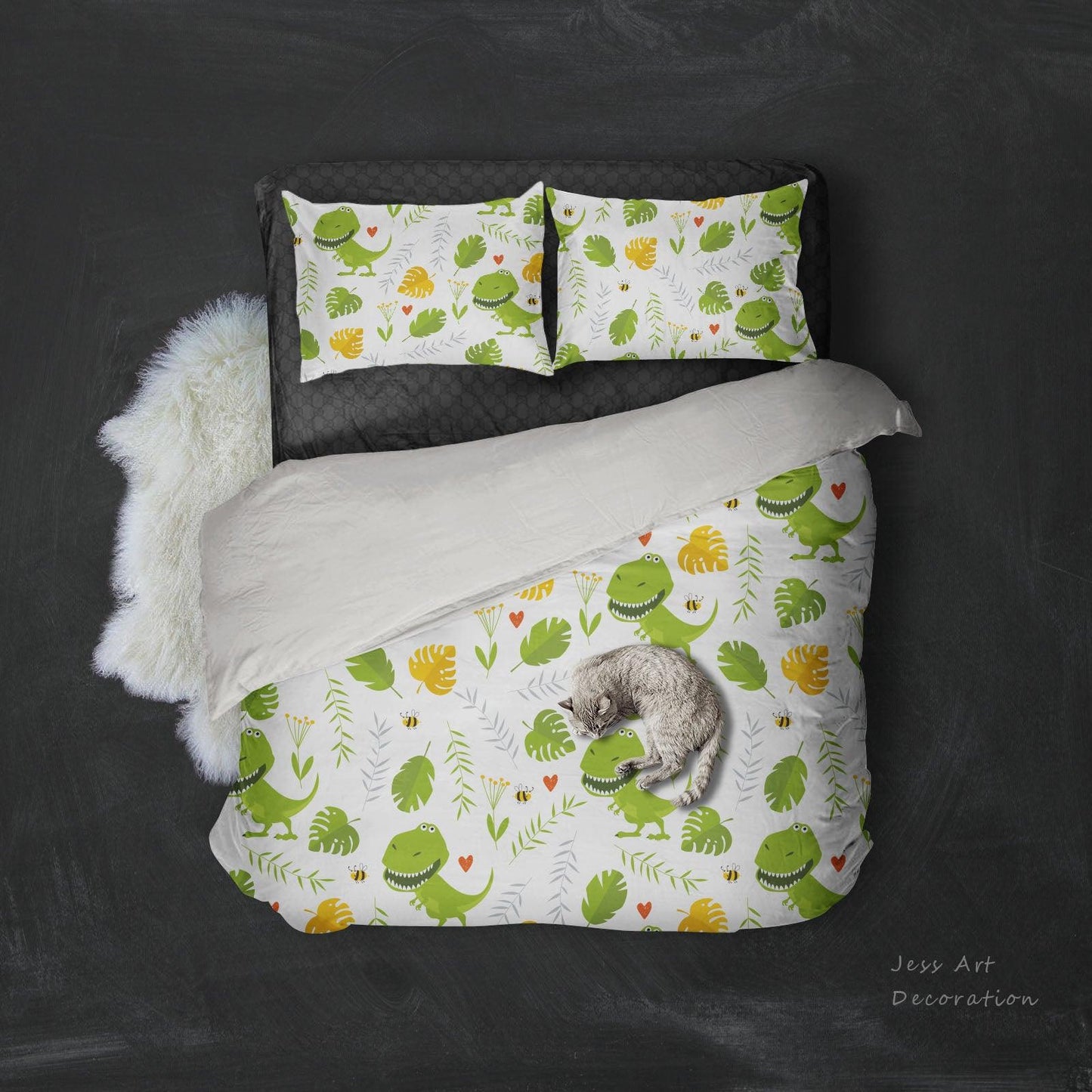 3D Cartoon Dinosaur Green Leaf Pattern Quilt Cover Set Bedding Set Pillowcases  109