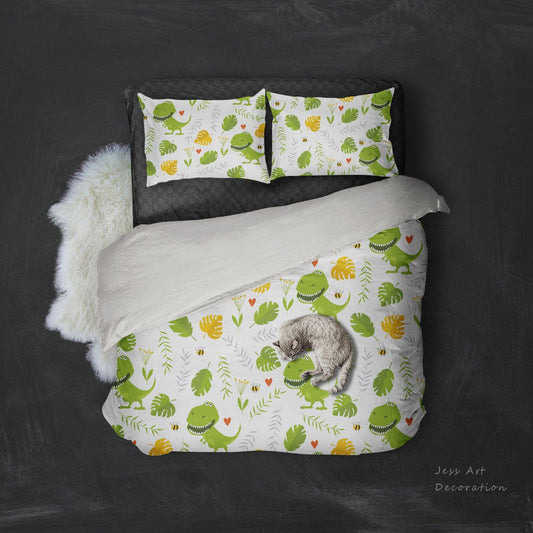 3D Cartoon Dinosaur Green Leaf Pattern Quilt Cover Set Bedding Set Pillowcases  109