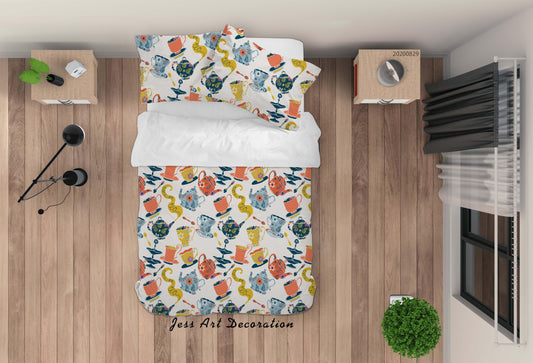 3D Abstract Hand Draw Cartoon Teapot Pattern Quilt Cover Set Bedding Set Duvet Cover Pillowcases WJ 3551