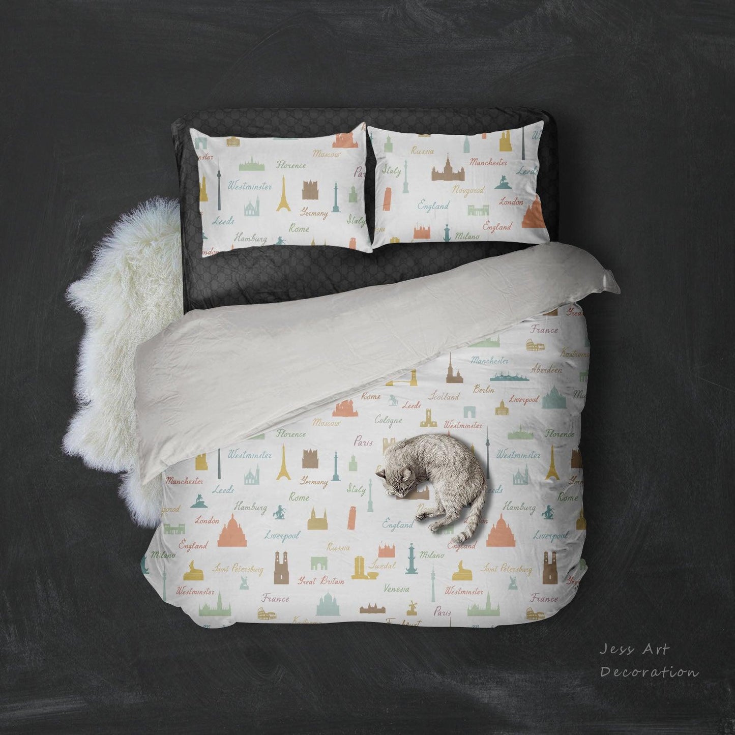 3D Cartoon Landmark Building Eiffel Tower London Bridge Quilt Cover Set Bedding Set Pillowcases 140