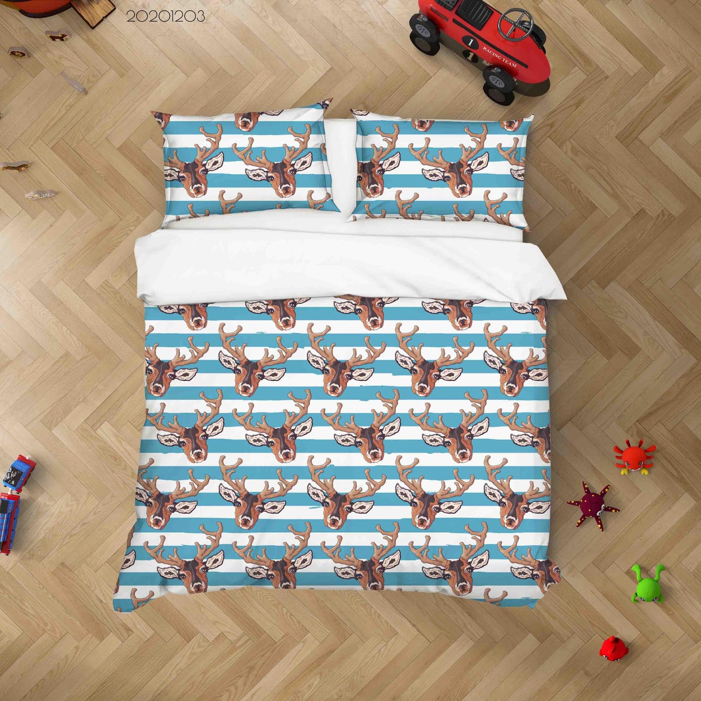 3D Cartoon Hand Drawn Buck Animal Blue Stripe Pattern Quilt Cover Set Bedding Set Duvet Cover Pillowcases LXL