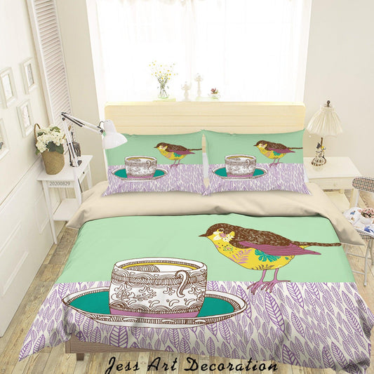 3D Abstract Hand Draw Cartoon Bird Teacup Pattern Quilt Cover Set Bedding Set Duvet Cover Pillowcases WJ 3555