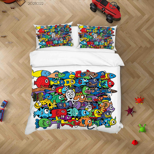 3D Abstract Colored Fish Graffiti Quilt Cover Set Bedding Set Duvet Cover Pillowcases 21