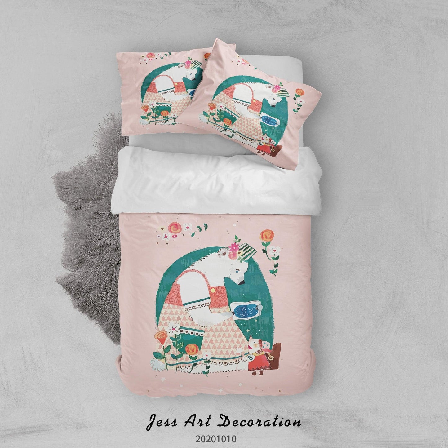 3D Cartoon Animal Bear Mom Reading Quilt Cover Set Bedding Set Duvet Cover Pillowcases WJ 9581