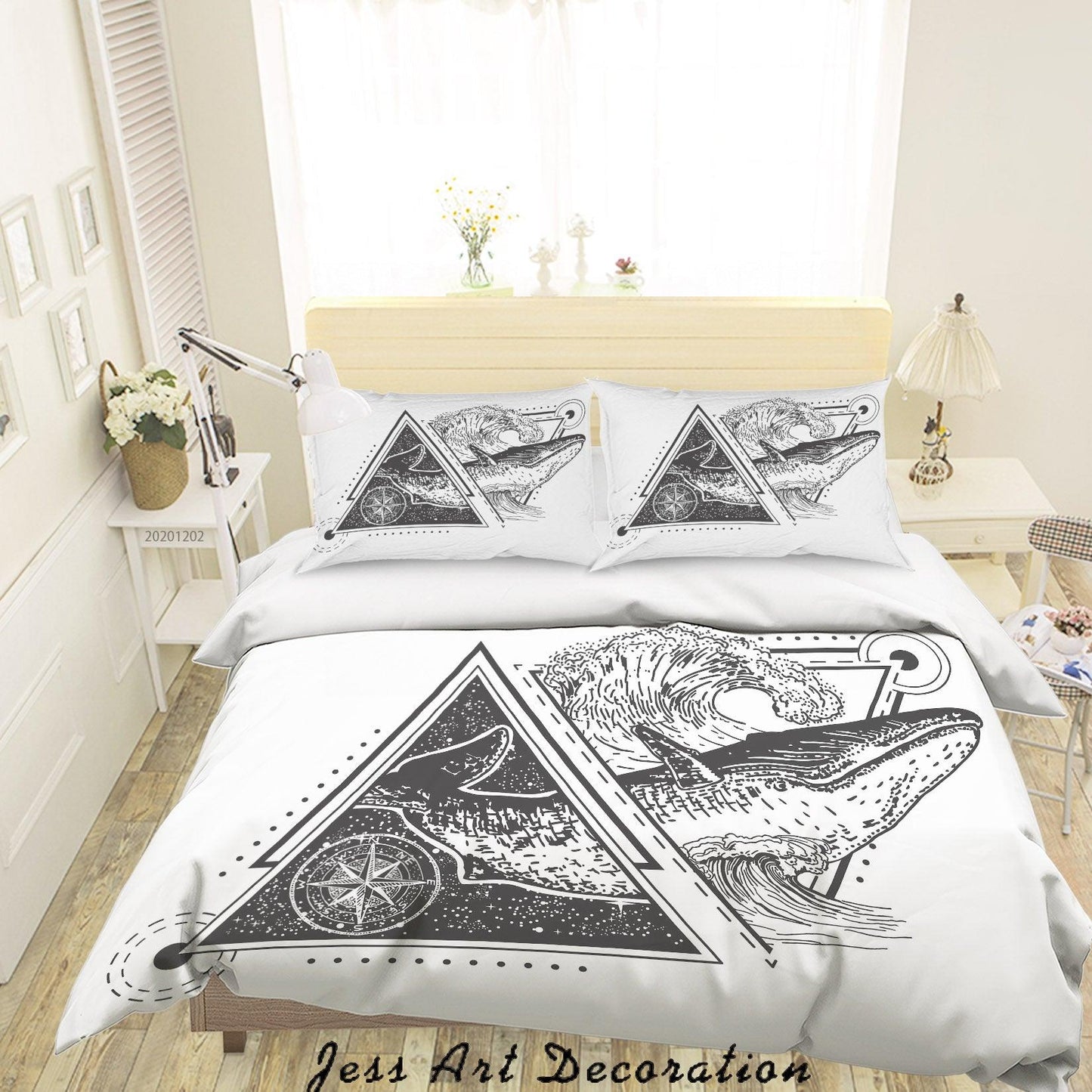 3D Abstarct Vintage Hand Drawn Whale Fish Geometric Triangle Round Star Quilt Cover Set Bedding Set Duvet Cover Pillowcases LXL