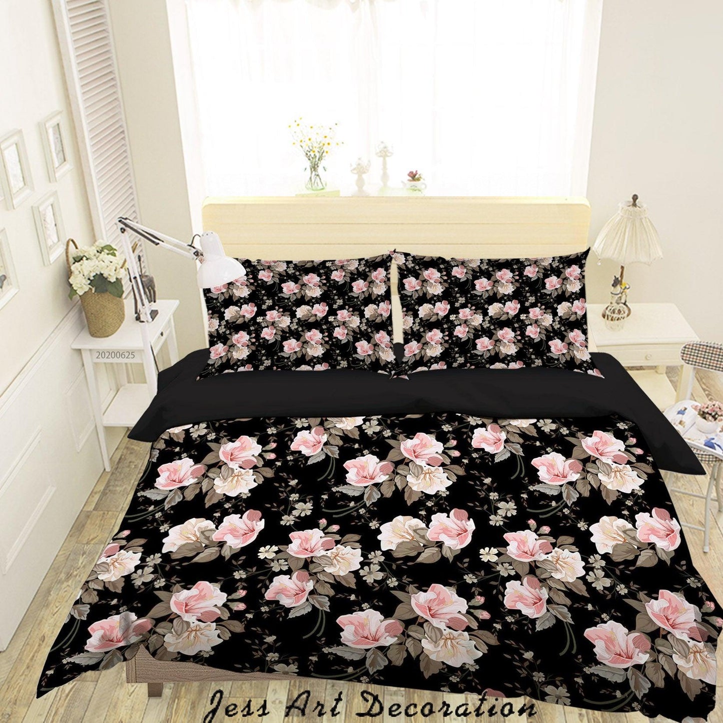 3D Black Pink Floral Quilt Cover Set Bedding Set Duvet Cover Pillowcases SF135