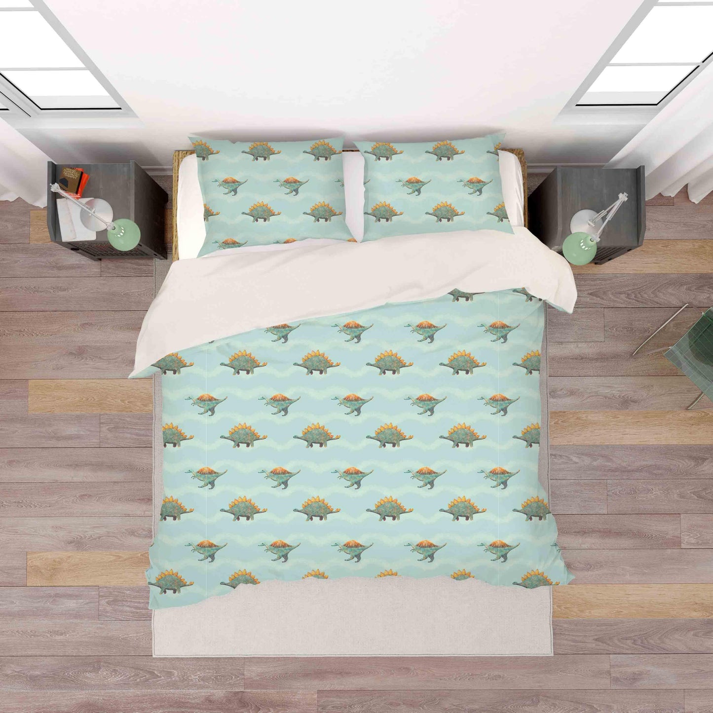 3D Cartoon Dinosaurs Pattern Green Background Quilt Cover Set Bedding Set Pillowcases  74