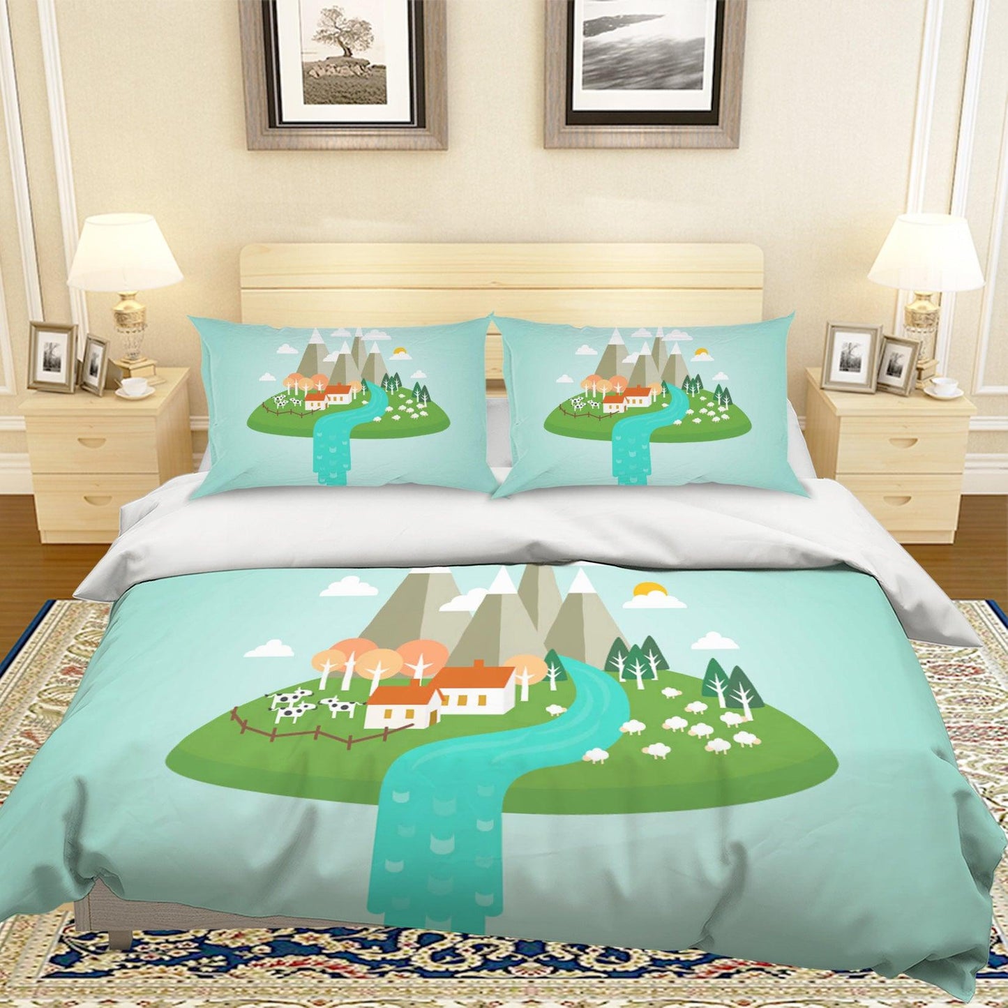 3D Blue Mountains Trees Grassland Cattle Sheep House River Quilt Cover Set Bedding Set Pillowcases 68