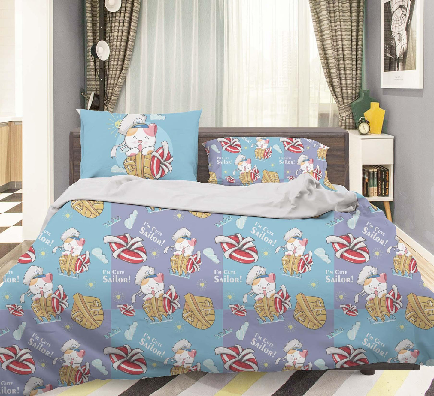 3D Blue Cartoon Cat Sailor Boat Quilt Cover Set Bedding Set Pillowcases 45