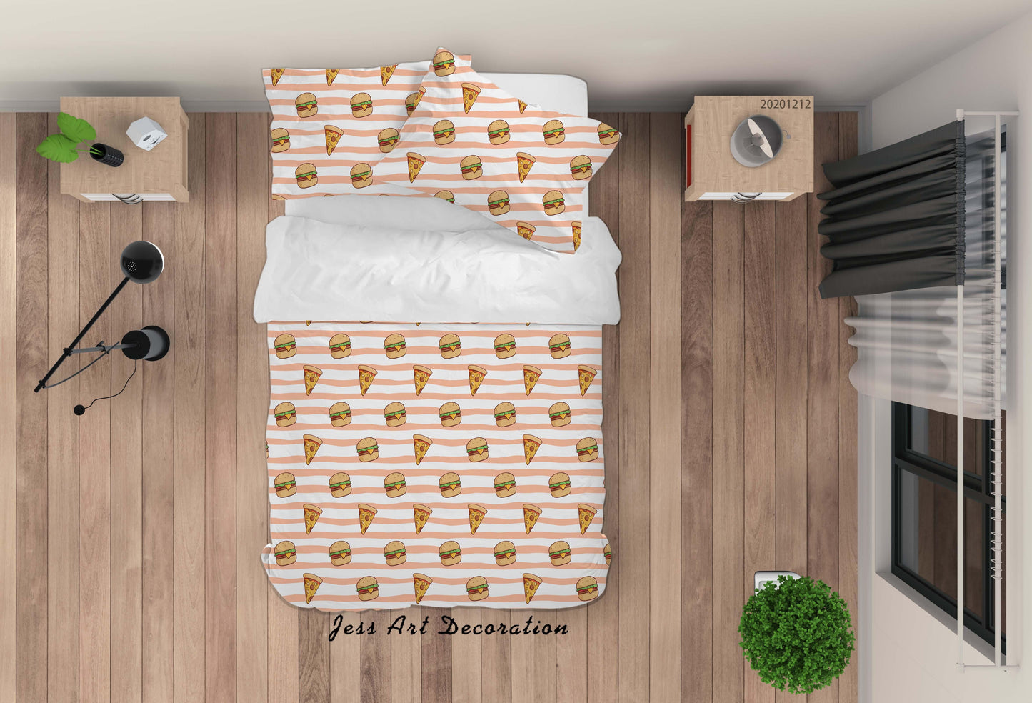 3D Cartoon Pizza Burger Pink Stripe Pattern Quilt Cover Set Bedding Set Duvet Cover Pillowcases LXL