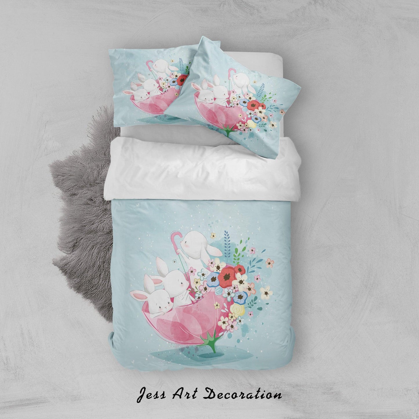 3D Blue Rabbit Umbrella Floral Quilt Cover Set Bedding Set Duvet Cover Pillowcases SF98