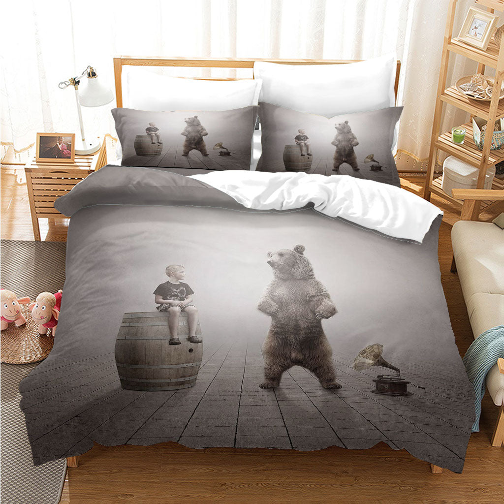 3D Bear Barrel Child Gray Quilt Cover Set Bedding Set Duvet Cover Pillowcases 1174