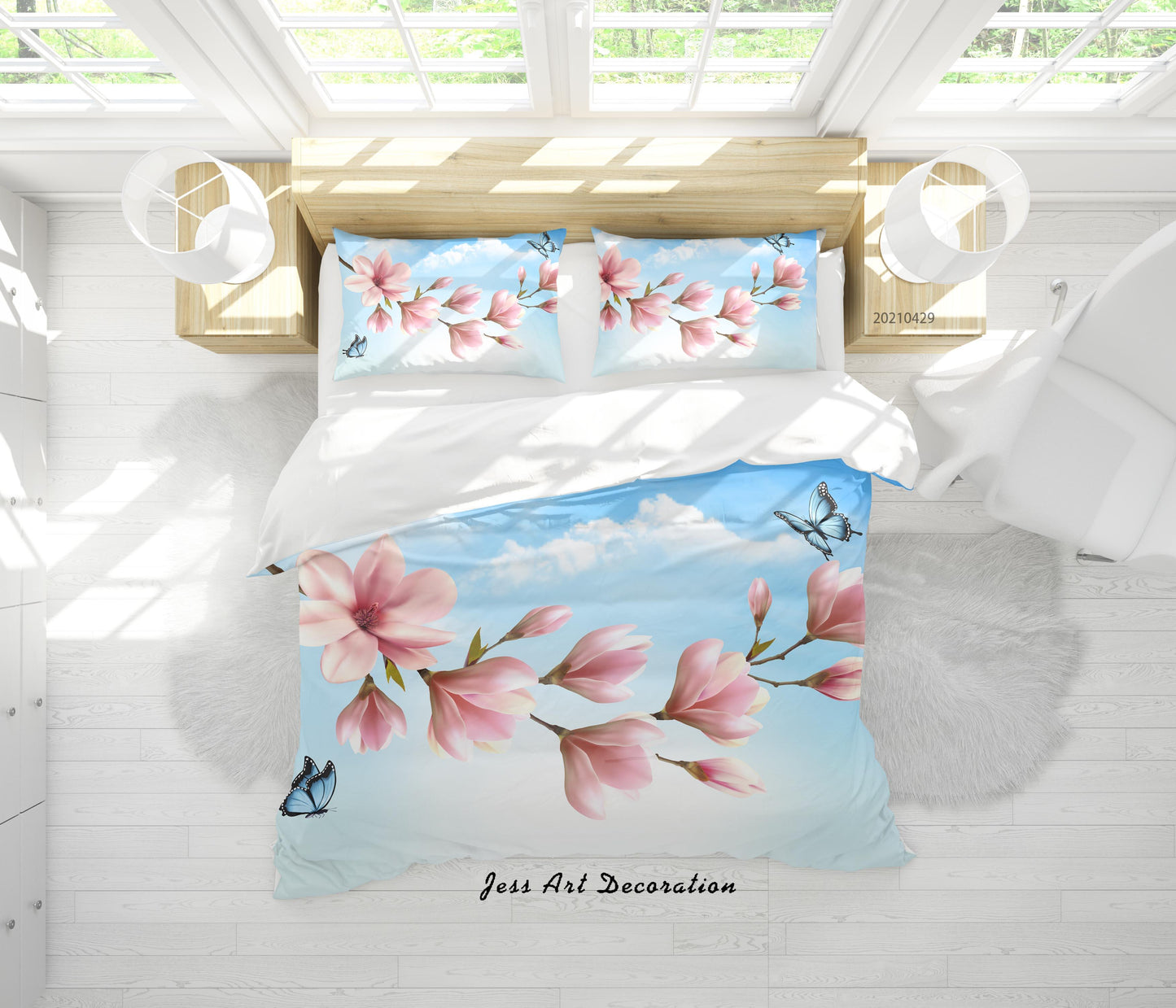 3D Blue Sky Pink Magnolia Flower Quilt Cover Set Bedding Set Duvet Cover Pillowcases 199