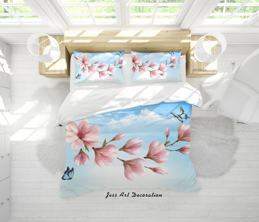 3D Blue Sky Pink Magnolia Flower Quilt Cover Set Bedding Set Duvet Cover Pillowcases 199