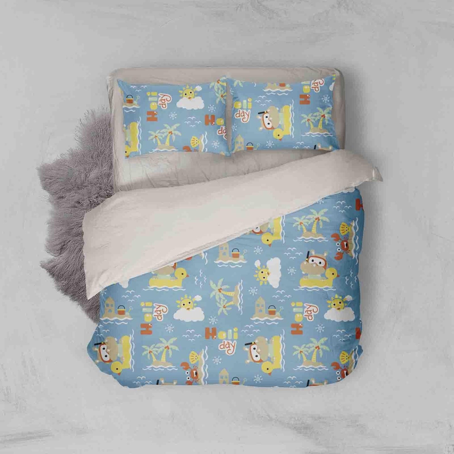3D Blue Crab Duck Dog Palm Tree Cartoon Quilt Cover Set Bedding Set Pillowcases 03