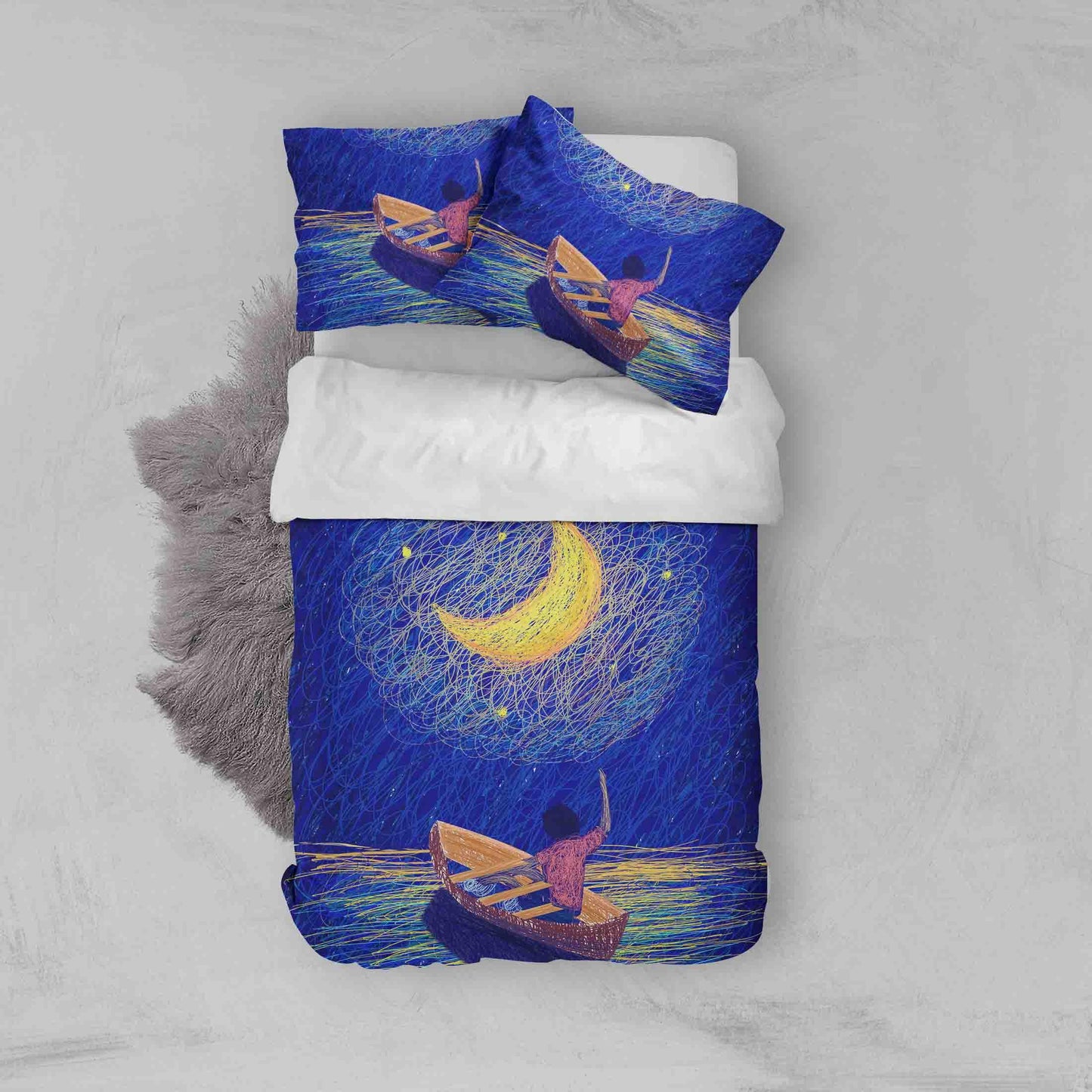 3D Blue Moon Boat Quilt Cover Set Bedding Set Pillowcases 130