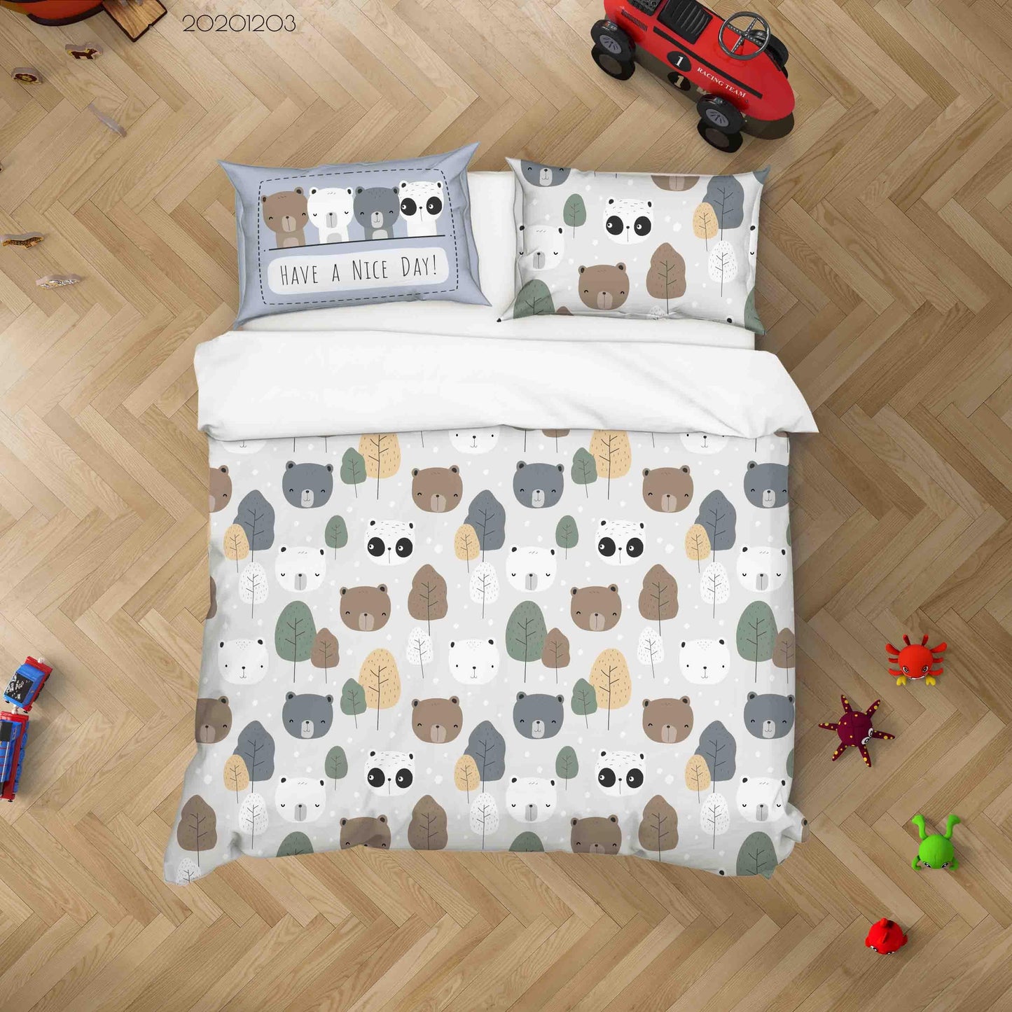 3D Cartoon Hand Drawn Cute Bear Panda Colorful Tree Plant Illustration Animal Quilt Cover Set Bedding Set Duvet Cover Pillowcases LXL