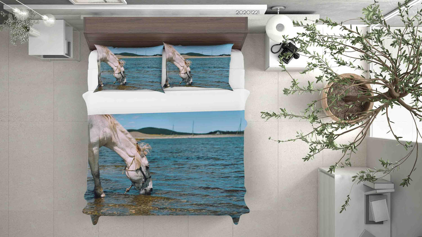 3D Beach White Horse Quilt Cover Set Bedding Set Duvet Cover Pillowcases 197 LQH