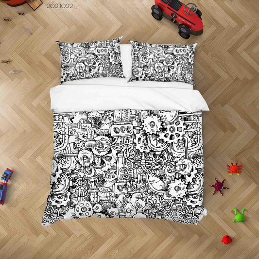 3D Abstract Mechanical Gear Doodle Quilt Cover Set Bedding Set Duvet Cover Pillowcases 13