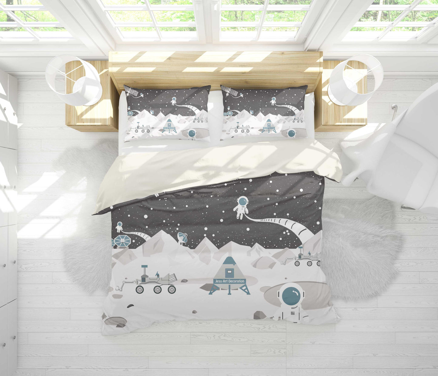 3D Black White Astronaut Universe Radar Satellite Quilt Cover Set Bedding Set Pillowcases 48