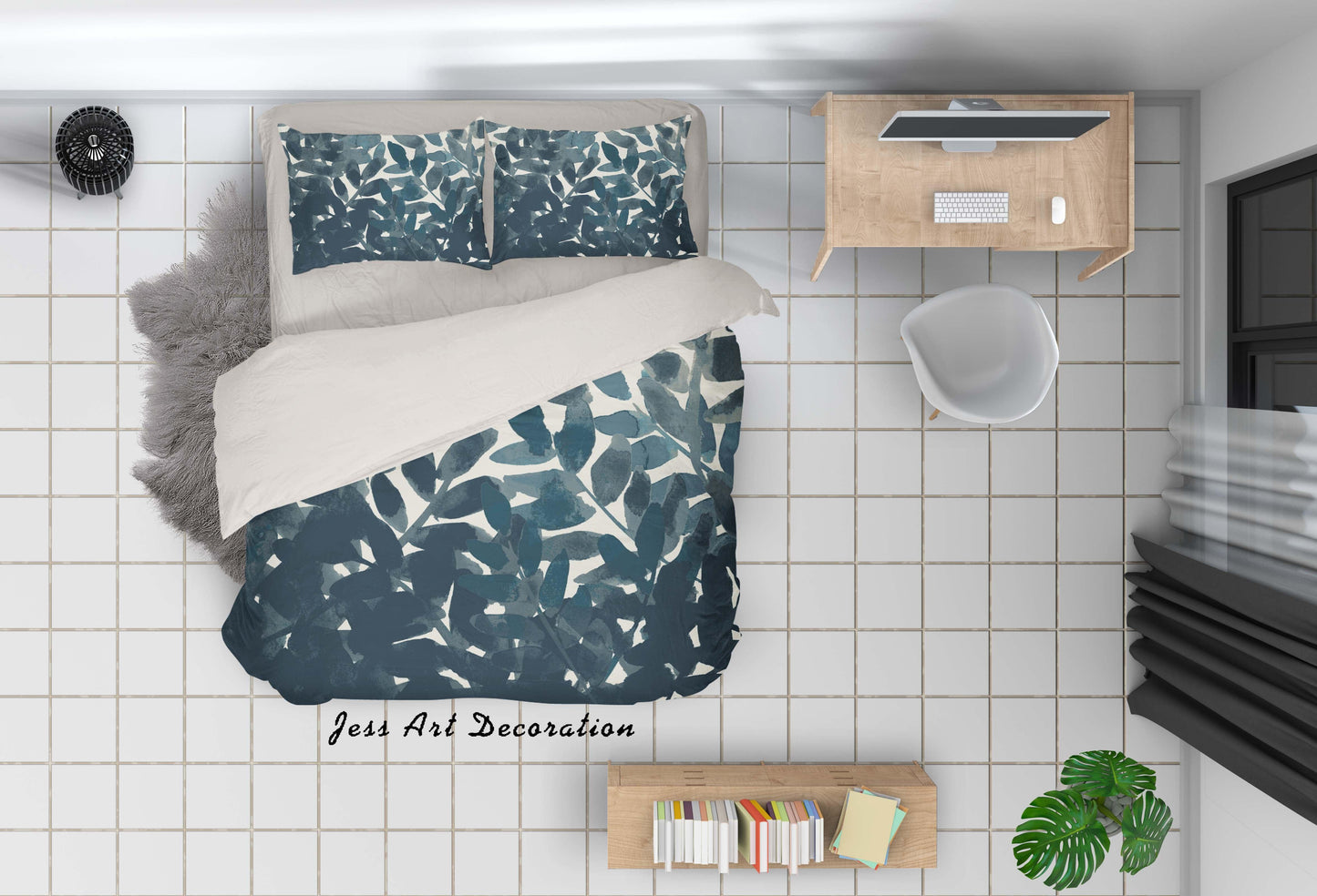 3D Blue Watercolor Leaves Quilt Cover Set Bedding Set Pillowcases 09