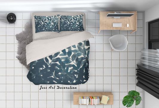 3D Blue Watercolor Leaves Quilt Cover Set Bedding Set Pillowcases 09