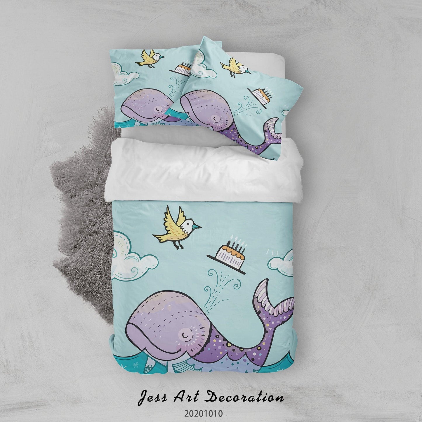 3D Cartoon Cute Animal Whale Birthday Cake Quilt Cover Set Bedding Set Duvet Cover Pillowcases WJ 9565